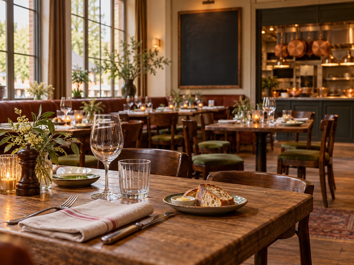 A laid brasserie dining room just before service, linen napkins on oak tables